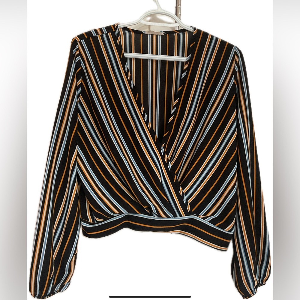 Elegant Multi Coloured Faux Wrap Blouse with V-Neck and Long Sleeves